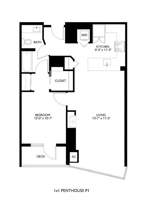 A black and white image of a floor plan for a penthouse.